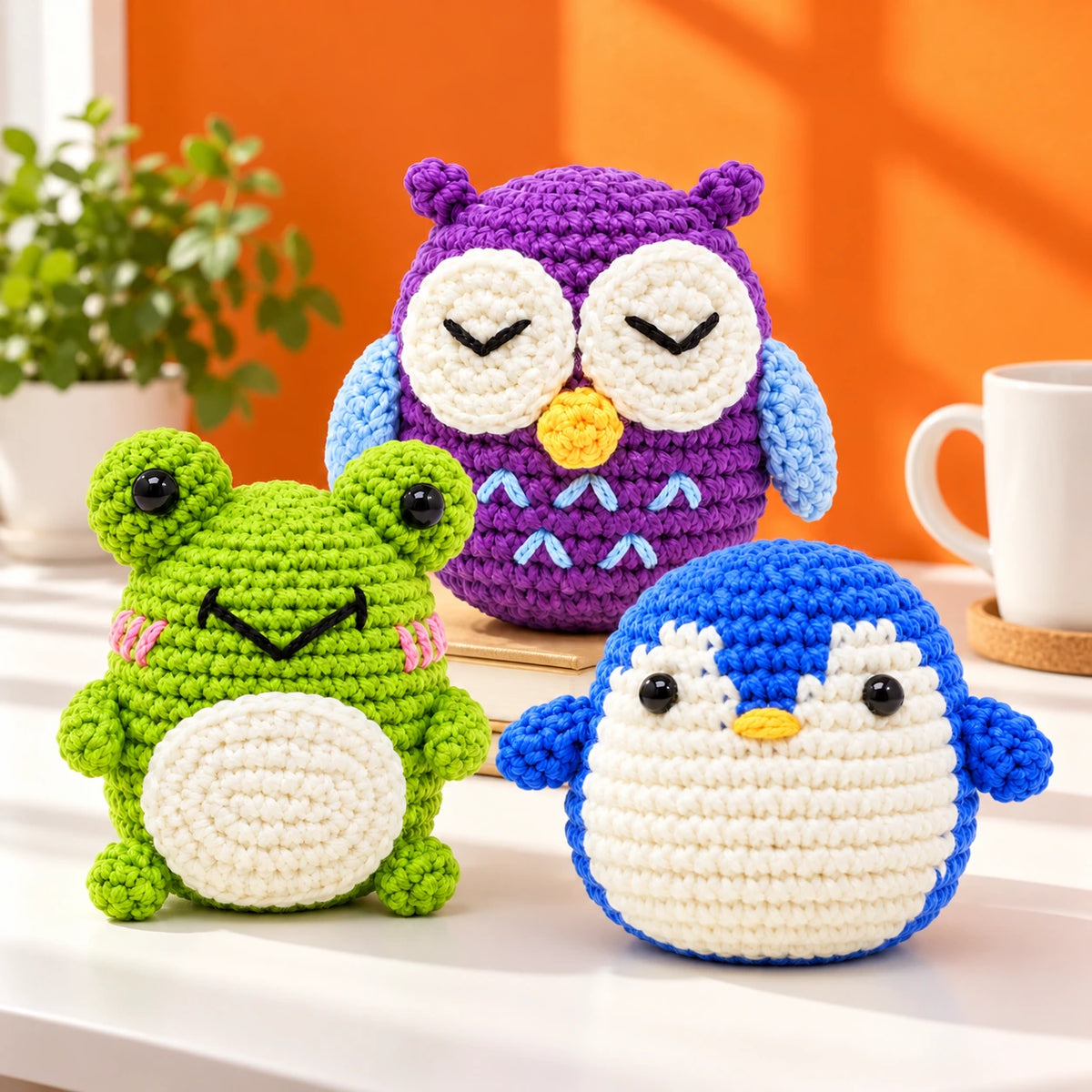 Romy, Olive & Eliott — Grenouille, hibou et pingouin au crochet — mise en situation.